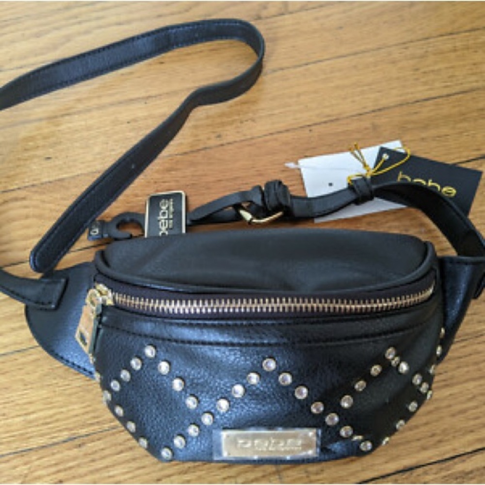 BEBE Los Angelos Black Studded Adjustable Belted Waist Bag Fanny Pack Y2K - Picture 3 of 8